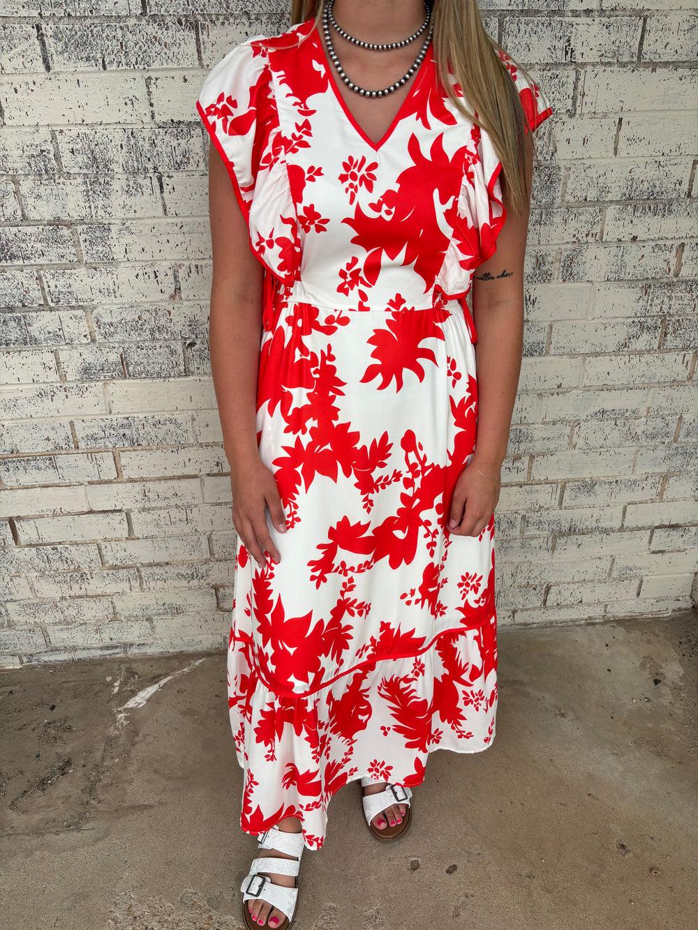 Floral Trimmed V-Neck Ruffle Sleeve Long Dress Product Image