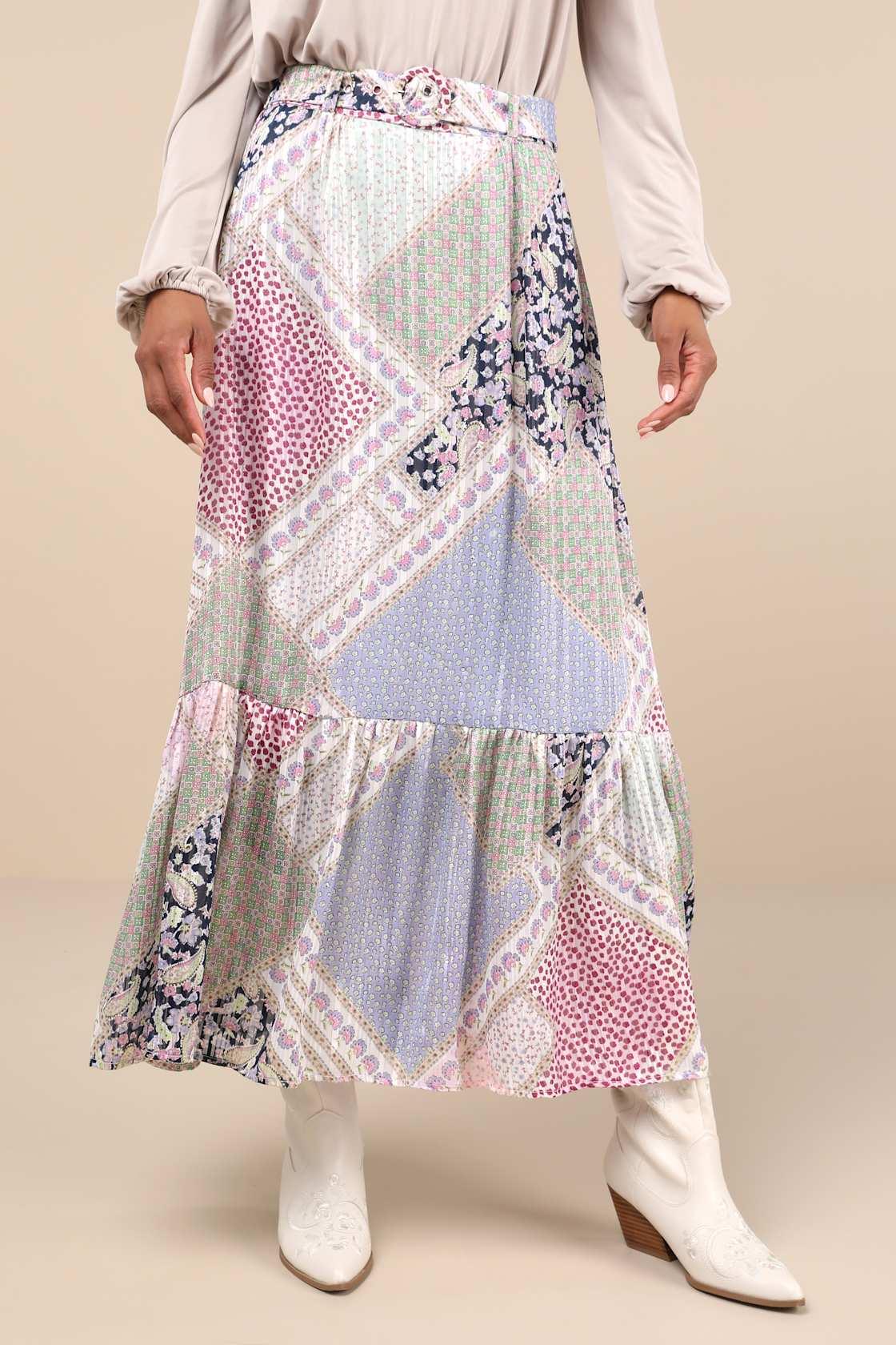 Vibrant Crush Purple Multi Scarf Print Tiered Belted Maxi Skirt Product Image