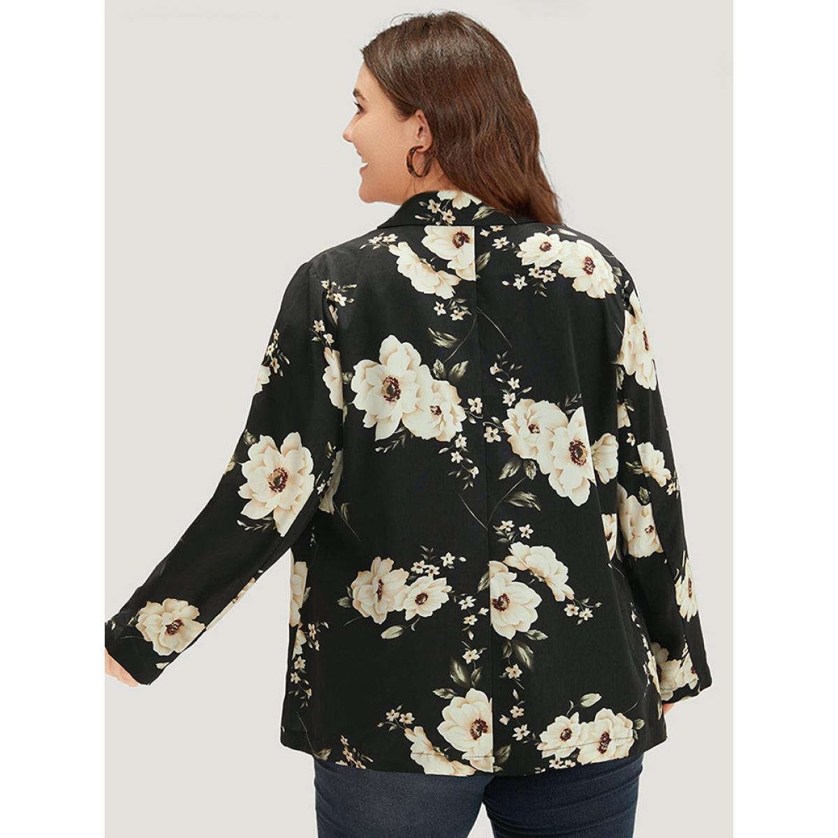 Plus Size Floral Print Suit Collar Pocket Blazer Black Women Work Floral Printed Sleeve Long Sleeve Lapel Collar 28/5X Pocket Office Blazers BloomChic Product Image