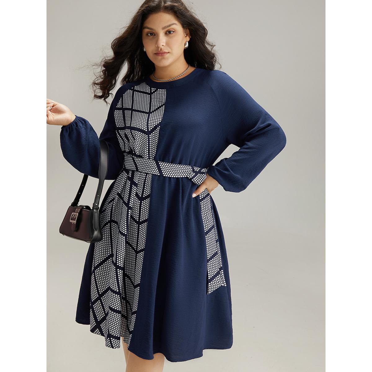Plus Size Polka Dot Geometric Patchwork Belted Dress Navy Women At the Office Elastic cuffs Round Neck Long Sleeve Curvy Midi Dress BloomChic 22-24/3X Product Image