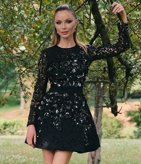 Muse by Marchesa Iris Schiffli Lace Floral Embroidered Round Neck Long Sleeve Fit and Flare Mini Dress Product Image