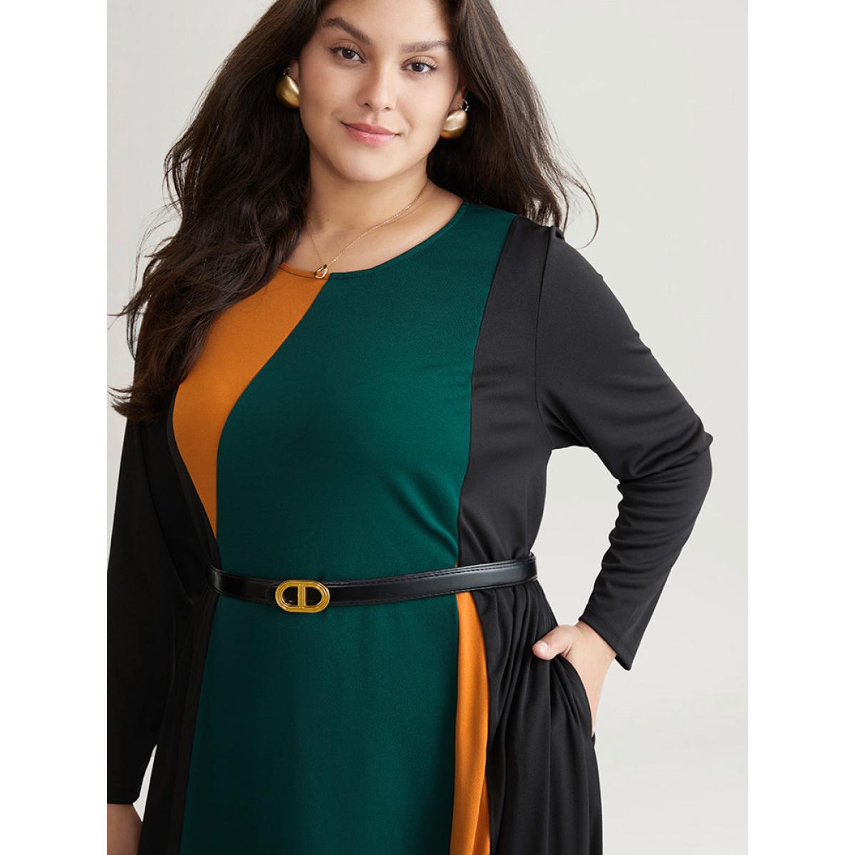Plus Size Contrast Colorblock Pocket Long Sleeve Dress Green Women At the Office Belted Round Neck Long Sleeve Curvy Midi Dress BloomChic 22-24/3X Product Image