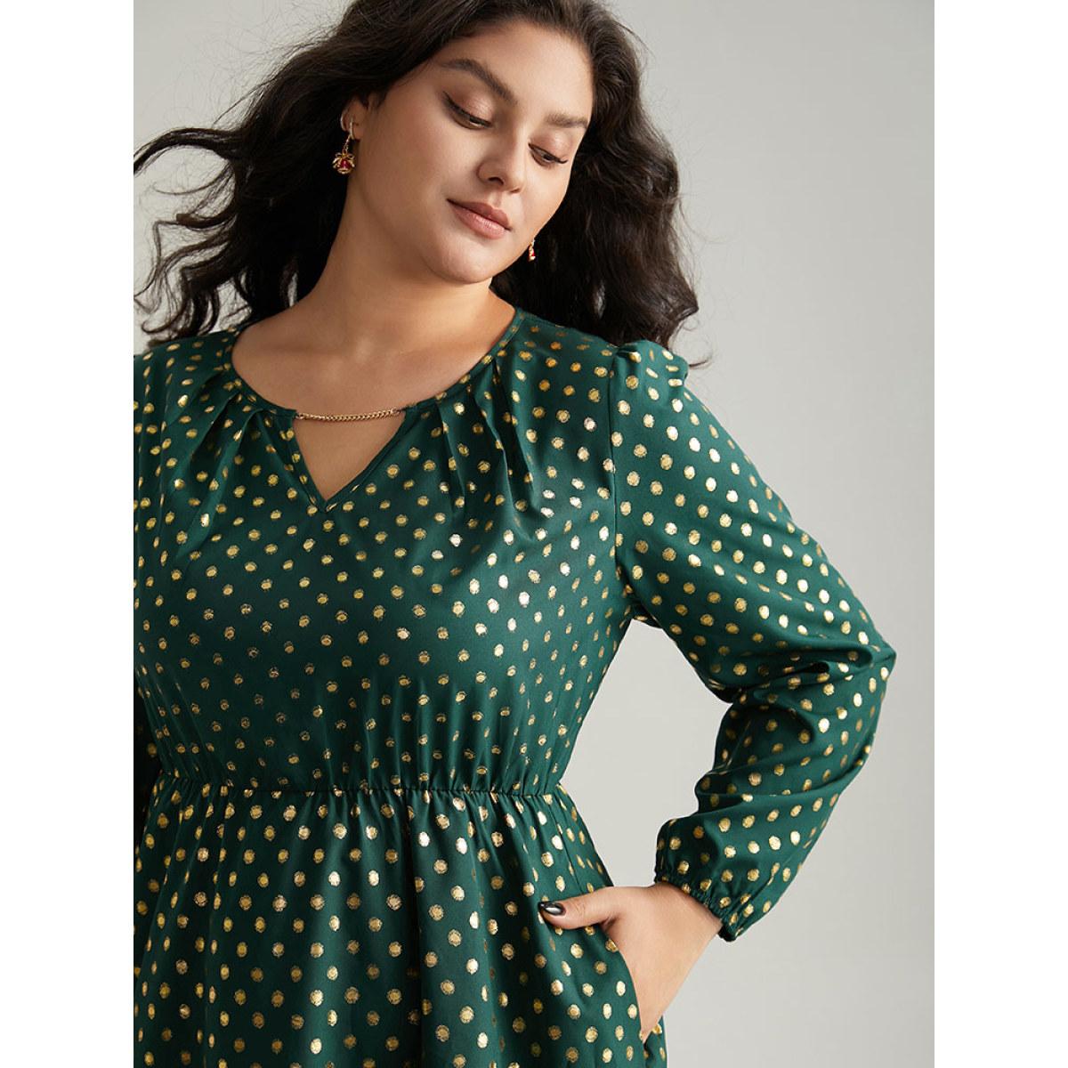 Plus Size Glitter Polka Dot Notched Elastic Cuffs Dress DarkGreen Women Elegant Elastic cuffs Notched collar Long Sleeve Curvy Midi Dress BloomChic 18-20/2X Product Image