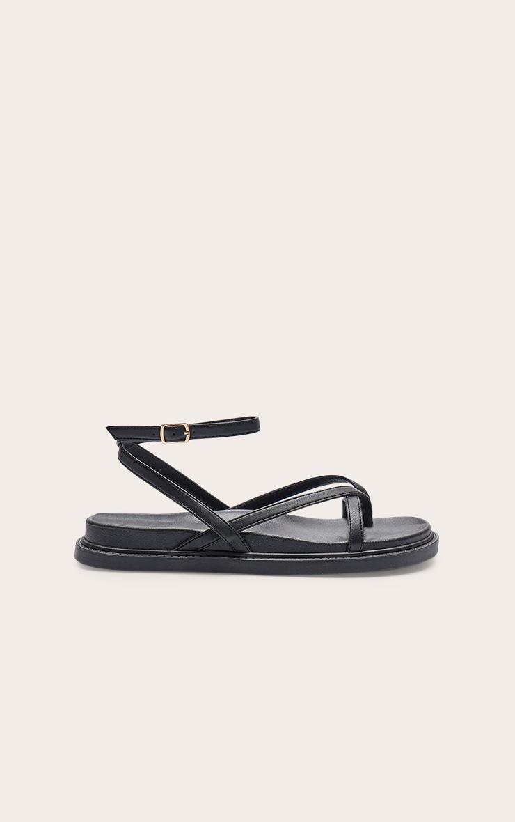 Black Pu Round Toe Thong Footbed Ankle Strap Flat Sandals Product Image