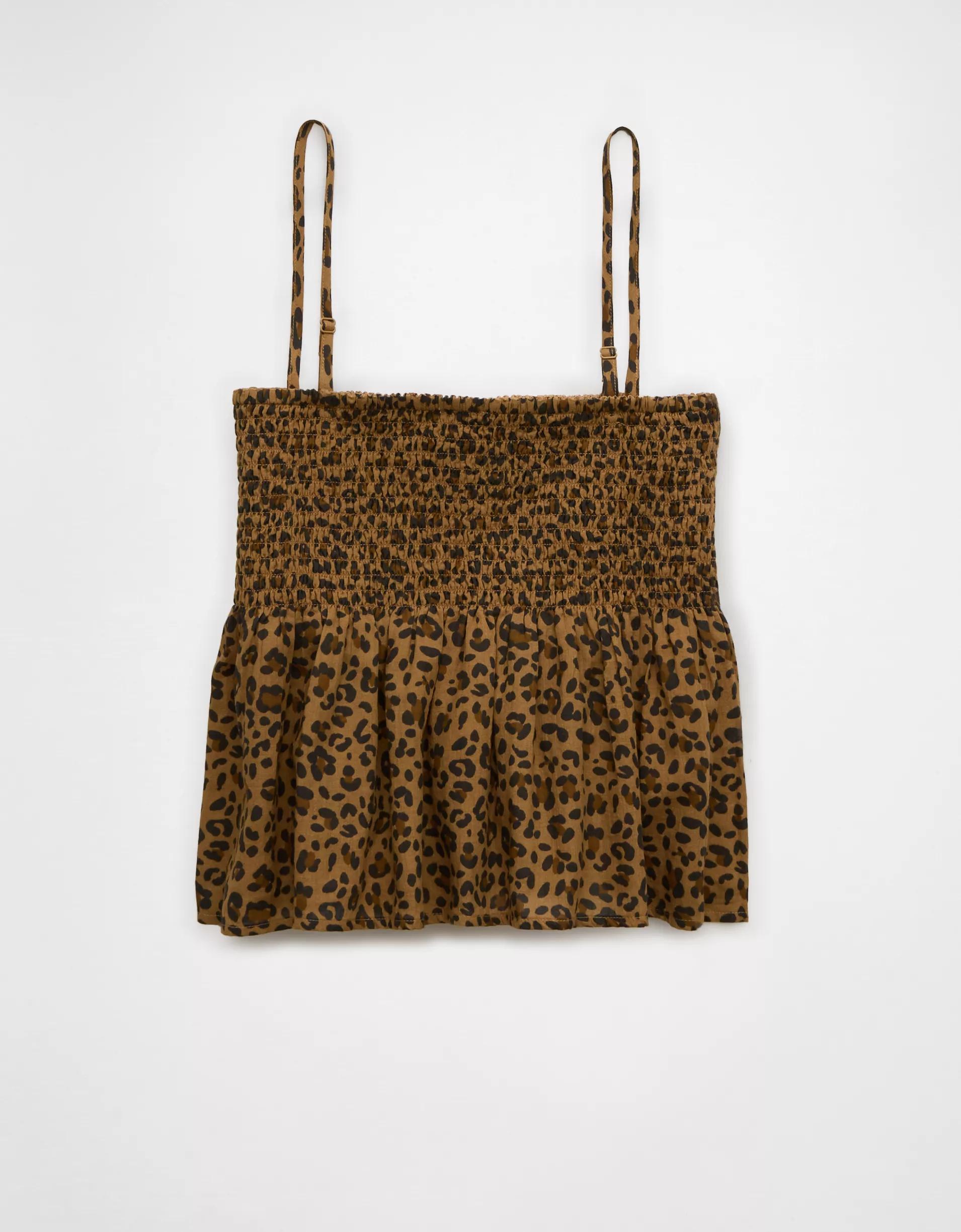 AE Smocked Babydoll Leopard Cami Tank Top Product Image