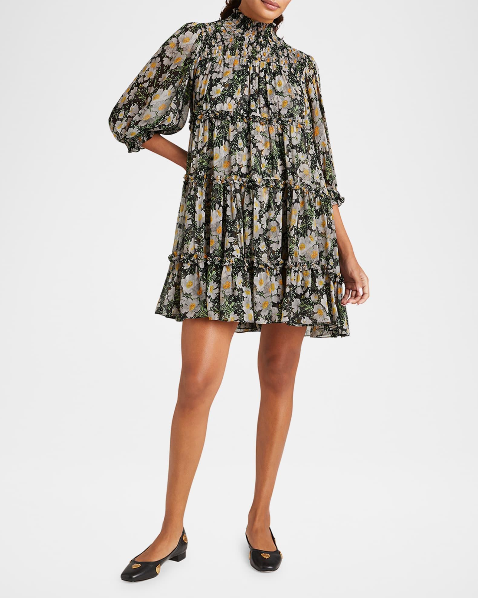 Olive Smocked Cosmo-Flower Mini Dress Product Image