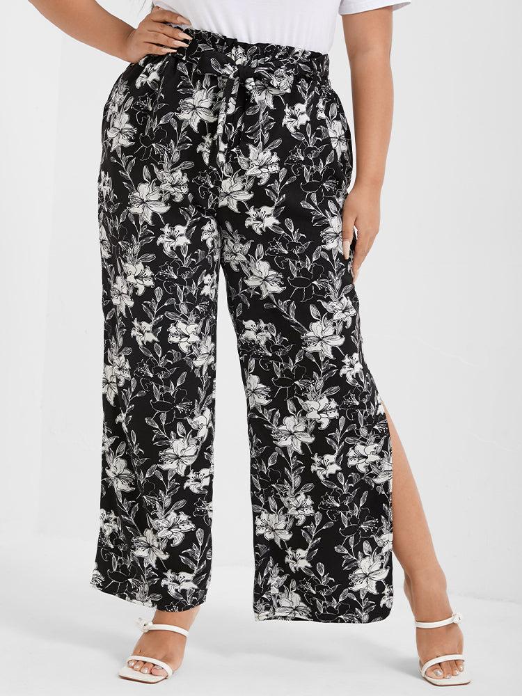 Floral Print Pocket Split Straight Pants Female Product Image
