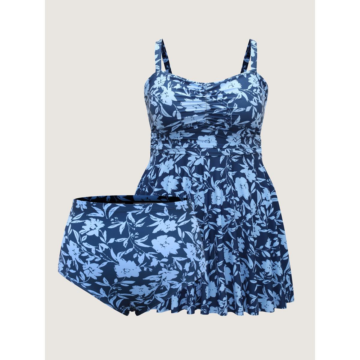 Plus Size Floral Fit and Flare Swim Dress Women's Swimwear Mediumblue Resort Bodycon Heart neckline High stretch Curve Swim Dresses BloomChic 14-16/1X Product Image