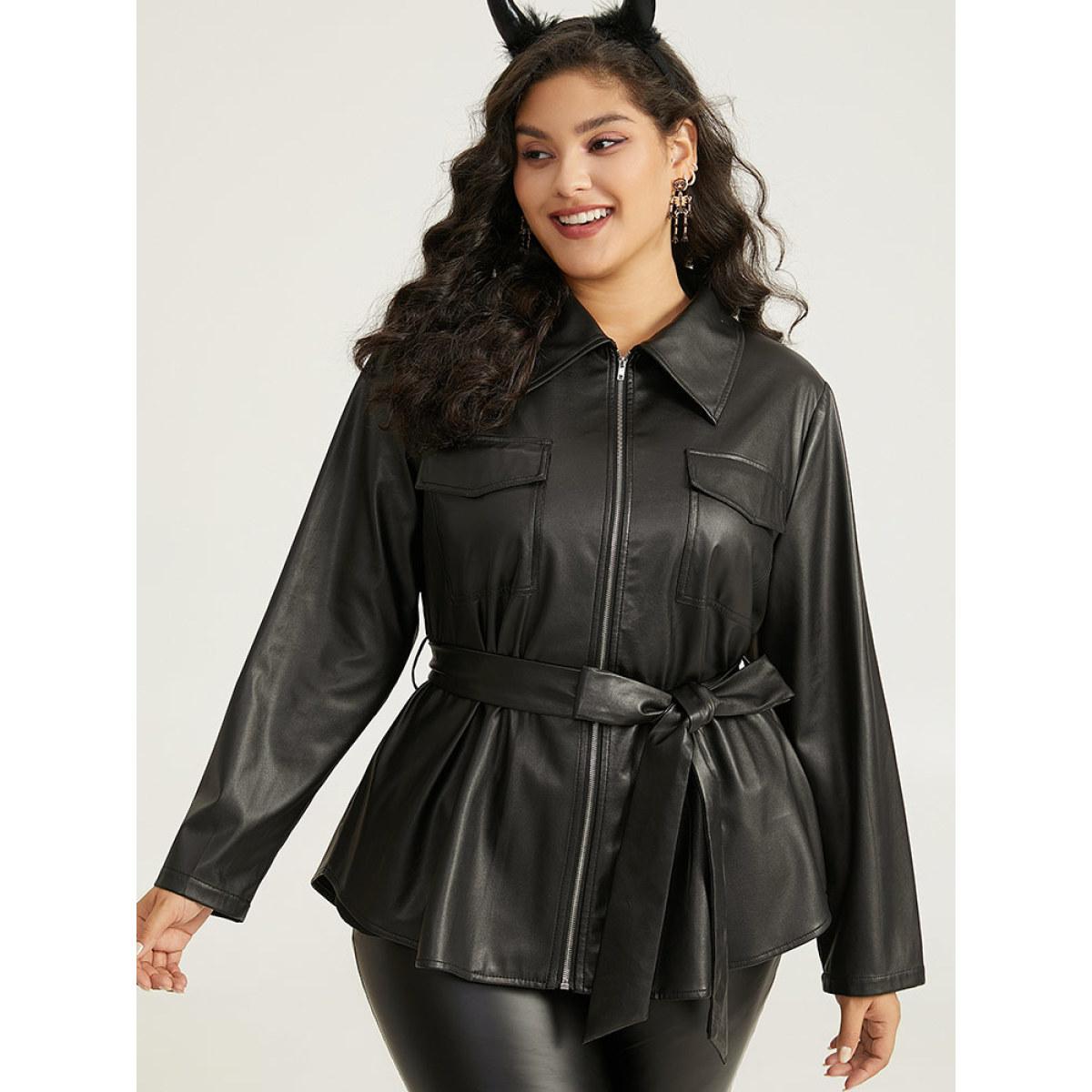 Plus Size Plain PU Leather Knot Pocket Zipper Belted Jacket Women Black Plain Pocket Belt Dailywear Jackets BloomChic 22-24/3X Product Image