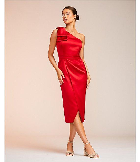 Alex Marie Molly Satin Asymmetrical One Bow Shoulder Sleeveless Faux Wrap Split Hem Sheath Midi Dress Product Image