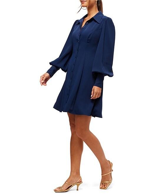 Trina Turk Lanea V-Neck Point Collar Bishop Long Sleeve Mini Dress Product Image