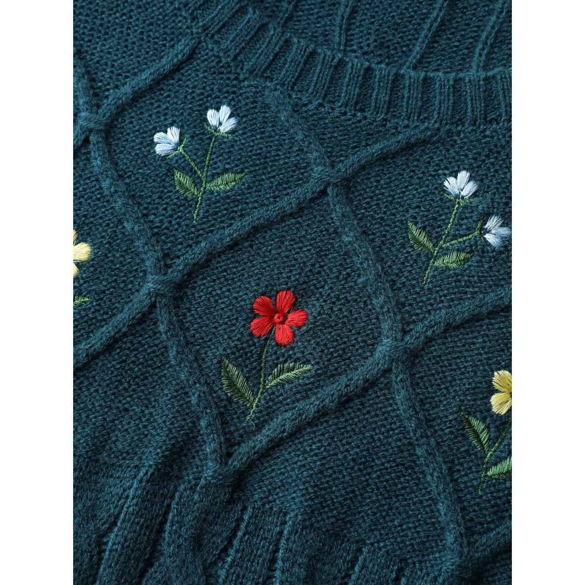 Plus Size Floral Embroidered Cable Knit Pullover Aegean Women Leisure Loose Long Sleeve Round Neck Casual Pullovers BloomChic 26/4X Product Image