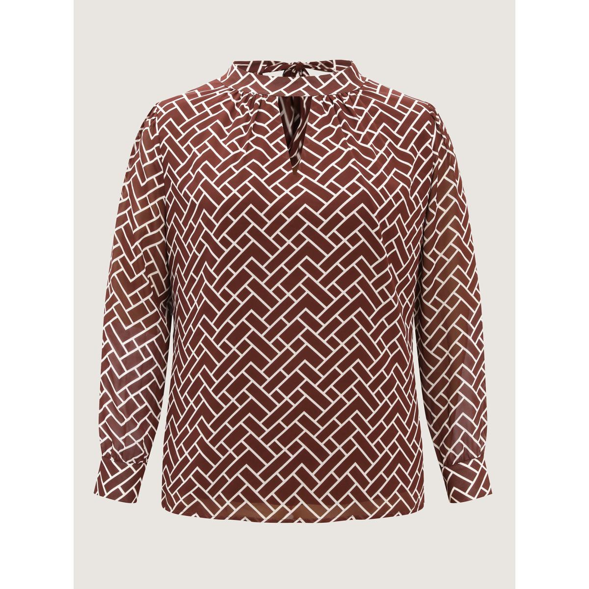 Plus Size Browncoffeecolor Geometric Print Cut Out Neck Blouse Women Office Extra Long Sleeve Mock Neck Office Blouses BloomChic 30/6X Product Image