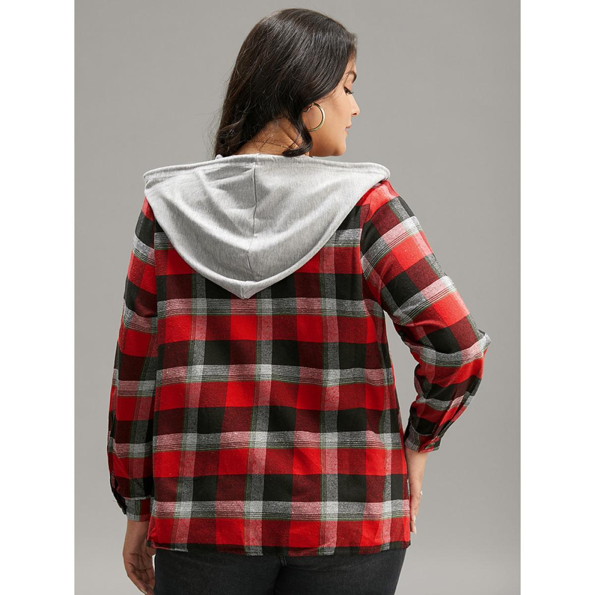 Plus Size Plaid Patchwork Hooded Drawstring Button Through Jacket Women Red Casual Jackets BloomChic 30/6X Product Image