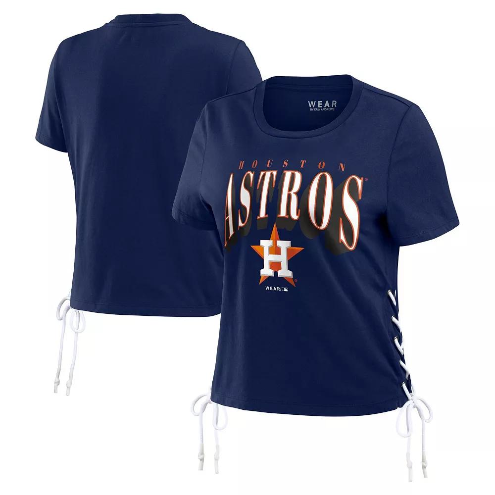 Women's WEAR by Erin Andrews Navy Houston Astros Side Lace-Up Cropped T-Shirt, Size: XL, Blue Product Image