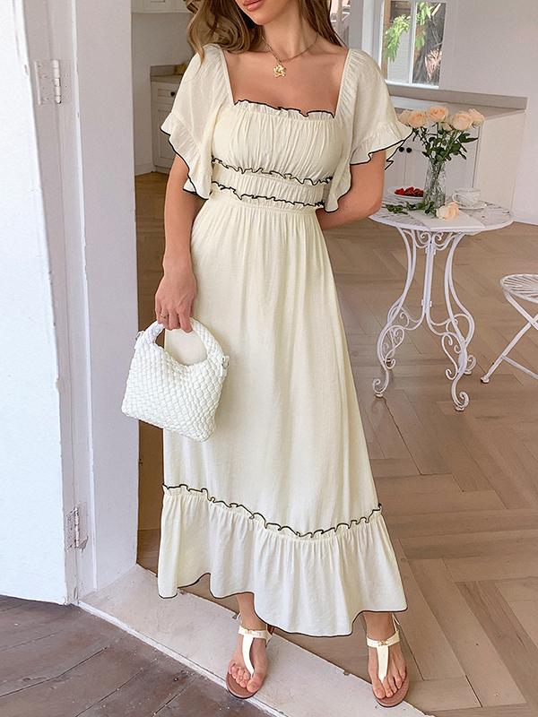 A-Line High Waisted Pleated Ruffle Trim Split-Joint Zipper Square-Neck Midi Dresses Product Image