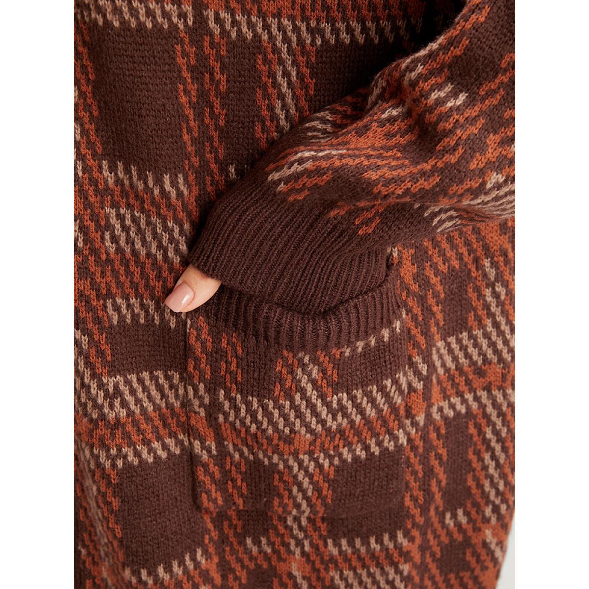 Plus Size Tartan Contrast Pointelle Knit Pocket Open Front Cardigan DarkBrown Women Casual Loose Long Sleeve Dailywear Cardigans BloomChic 12/L Product Image