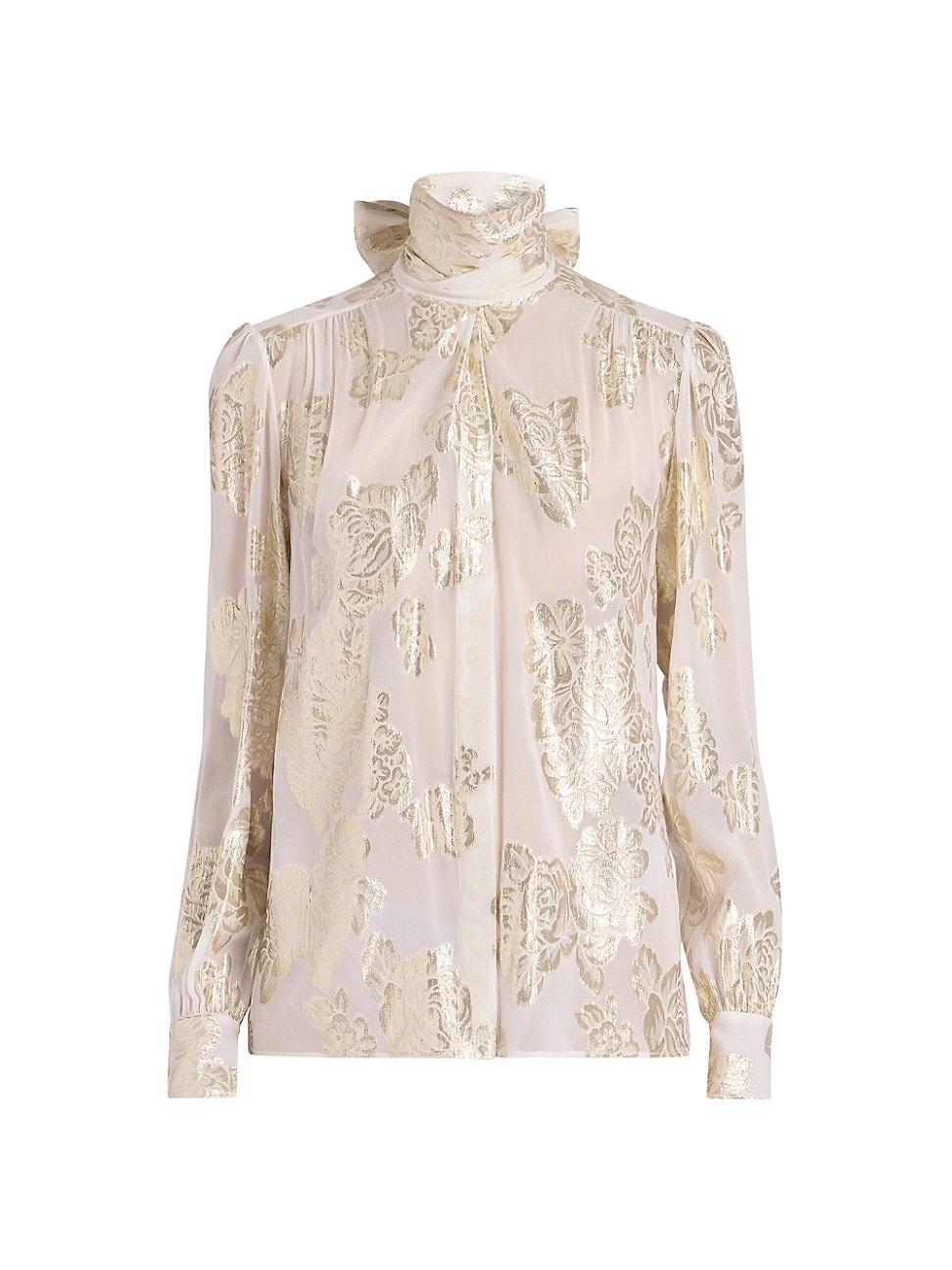 Womens Metallic Floral Jacquard Silk Blouse Product Image