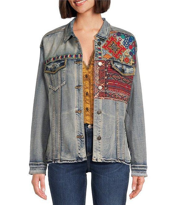 Tru Luxe Jeans Stretch Embroidered Collared Long Sleeve Denim Jacket Product Image