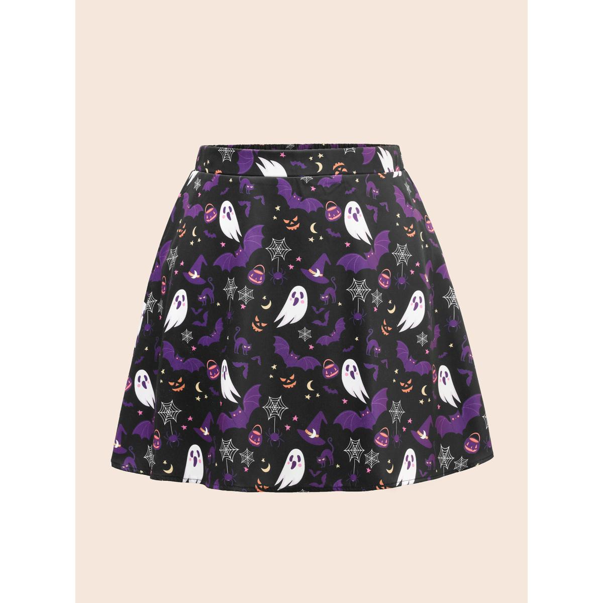 Plus Size Spooky Ghost Printed A-Line Mini Skirt Women Black Cocktail Contrast No stretch Slanted pocket Party Skirts BloomChic 12/L Product Image