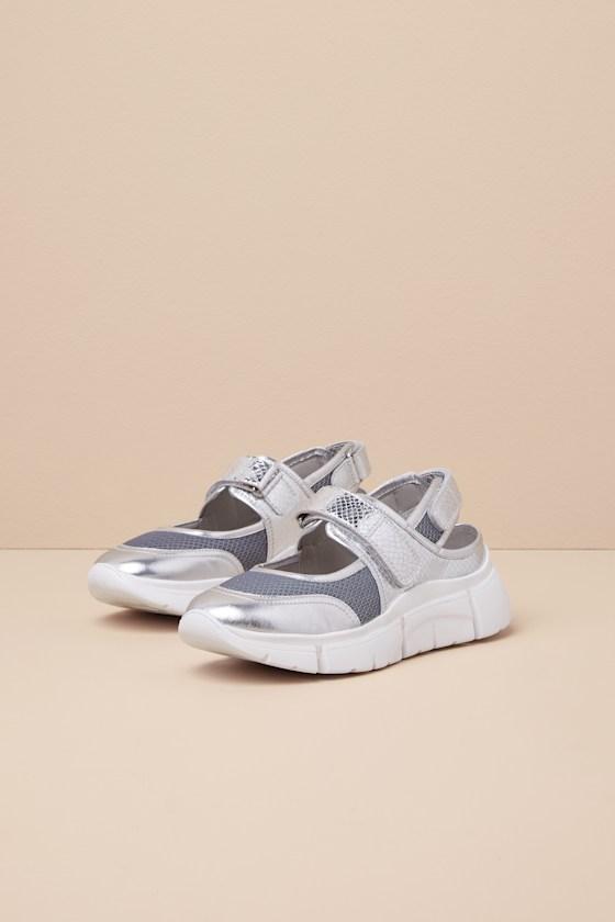 Track Star Metallic Silver Leather Flatform Sneakers Product Image
