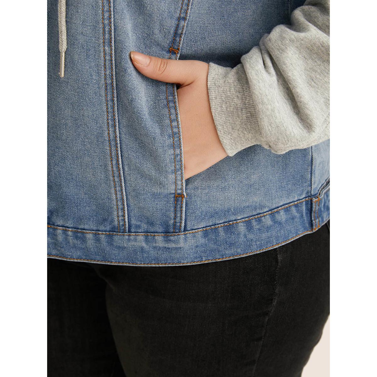 Women Hooded Patchwork Flap Pocket Denim Jacket Stone Plus Size Plain Contrast Casual Slanted pocket Leisure Denim Jackets BloomChic 28/5X Product Image