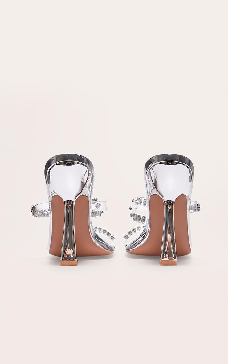 Silver PU Wide Fit Metallic Square Toe Diamante Strap Heeled Mules Product Image
