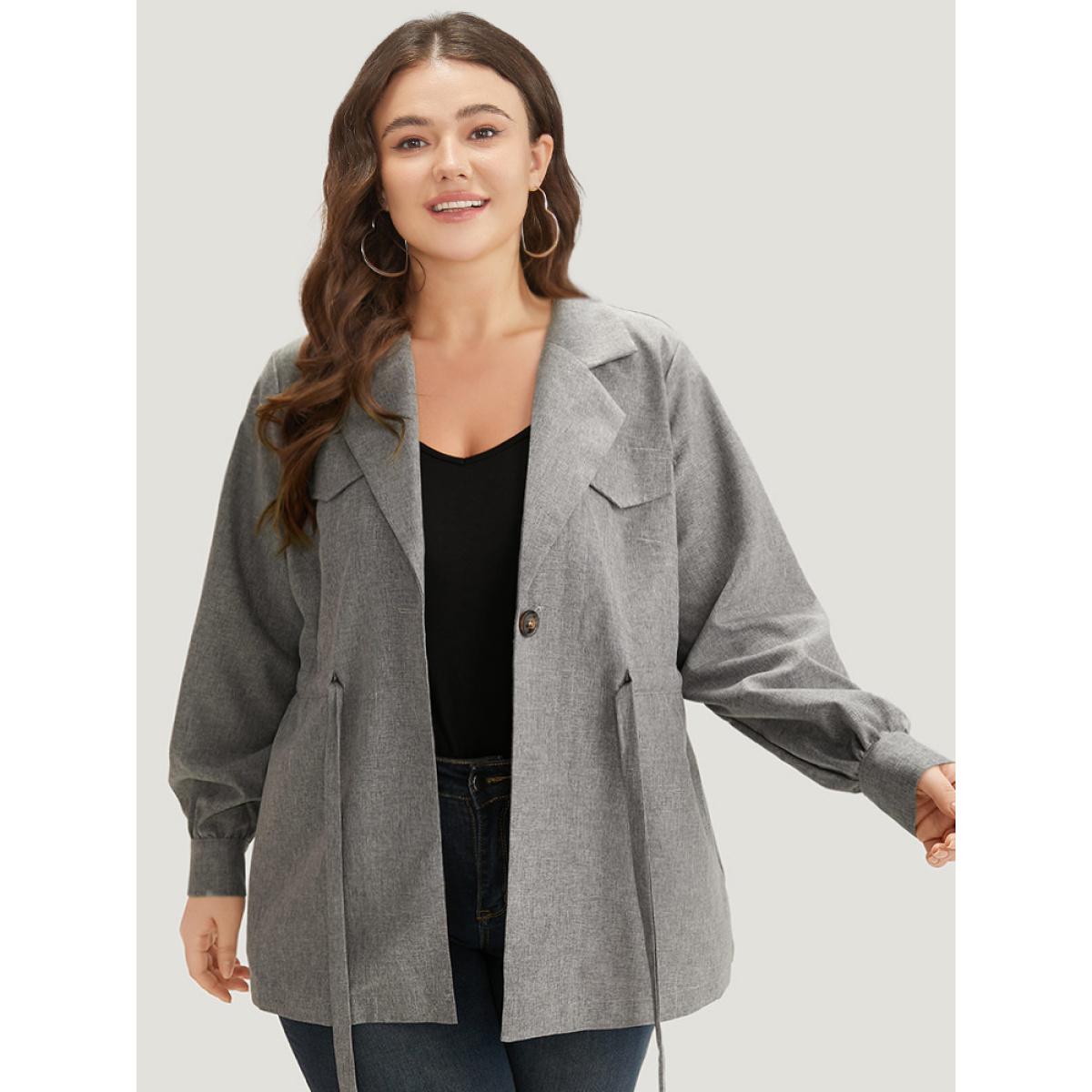 Plus Size Plain Pocket Drawstring Button Up Suit Collar Coat Women DimGray Casual Plain Ladies Dailywear Winter Coats BloomChic 26/4X Product Image