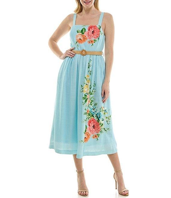 Moda Tara Raffia Belt Floral Square Neckline Midi Sleeveless A-Line Dress Product Image