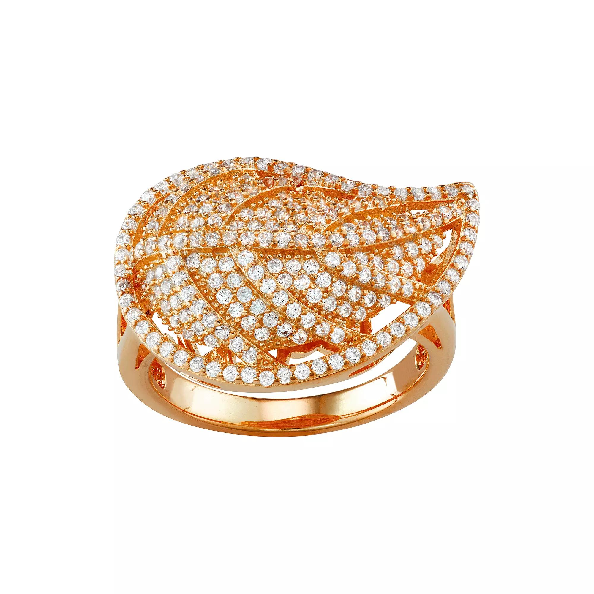 Designs by Gioelli Sterling Silver Cubic Zirconia Leaf Ring, Womens 14k Gold Plated Product Image