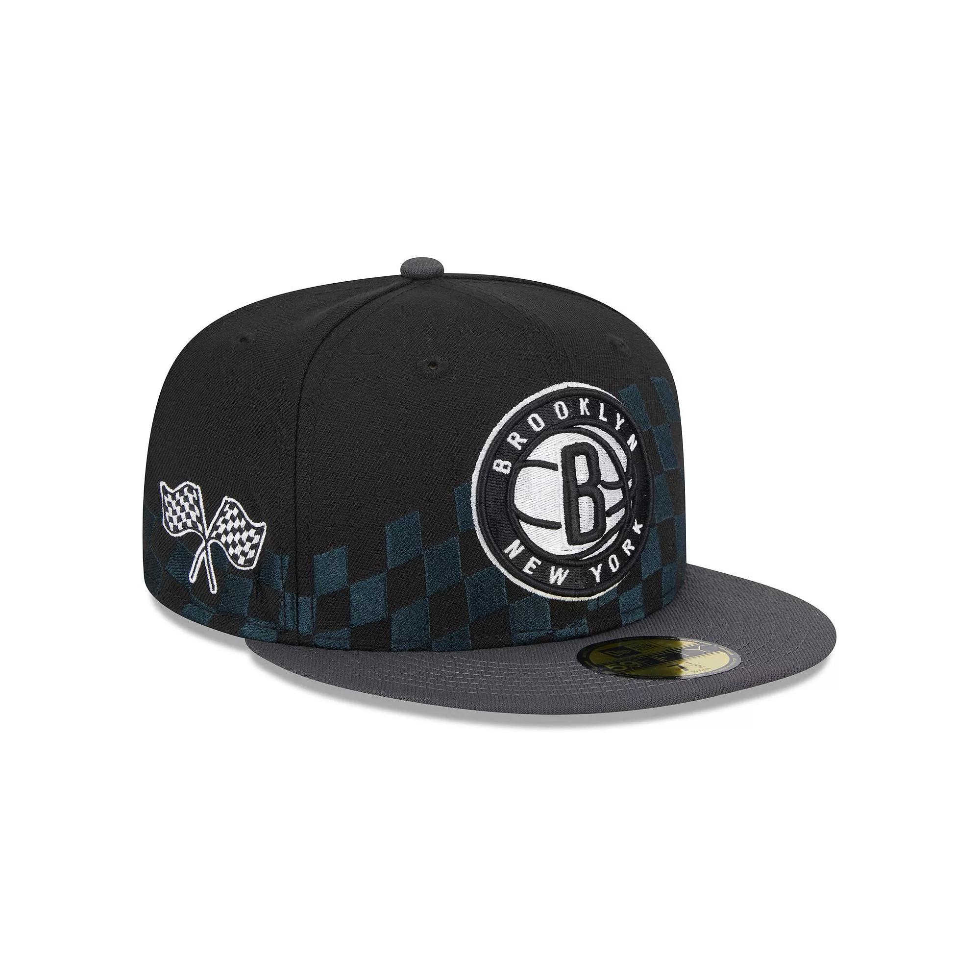 Men's New Era Black Brooklyn Nets Rally Drive Checkerboard 59FIFTY Crown Fitted Hat,  Product Image