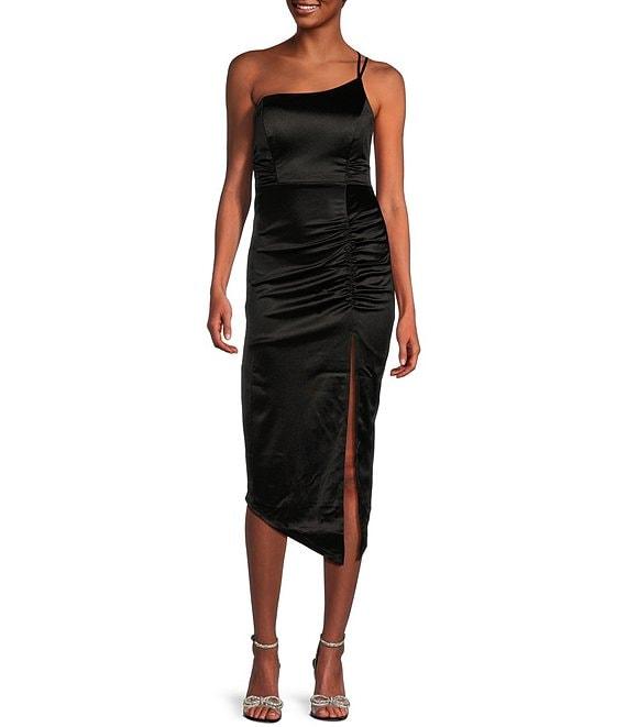 One Shoulder Shirred Side Slit Satin Midi Dress Product Image