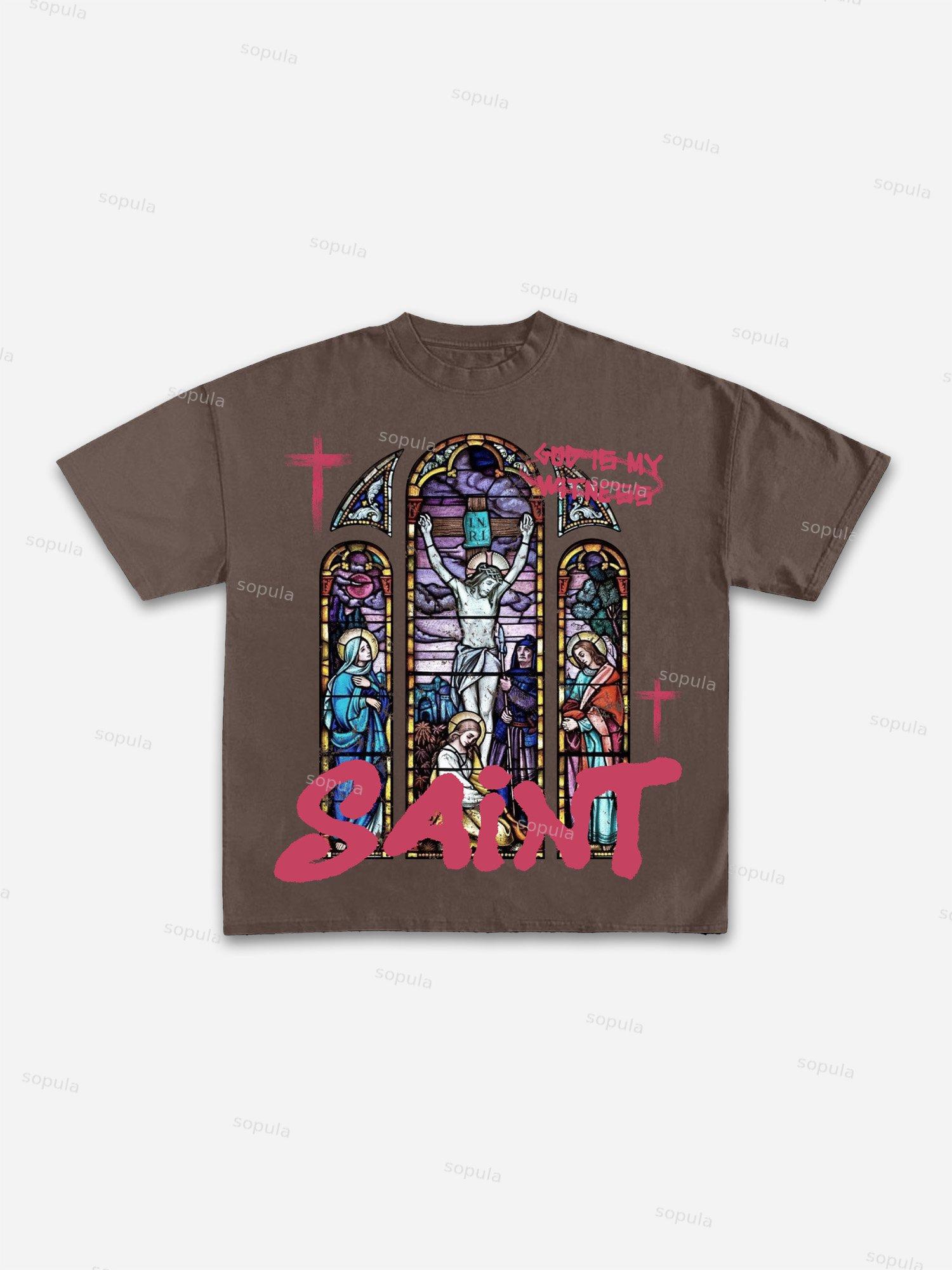Jesus Church Window Vintage Graphic Cotton T-shirt Product Image