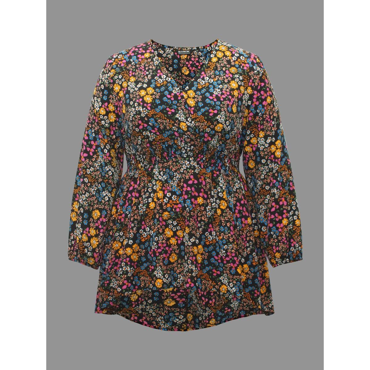 Plus Size Black Floral Smocked Waistline Surplice Neck Blouse Women Elegant Long Sleeve Overlap Collar Everyday Blouses BloomChic 12/L Product Image