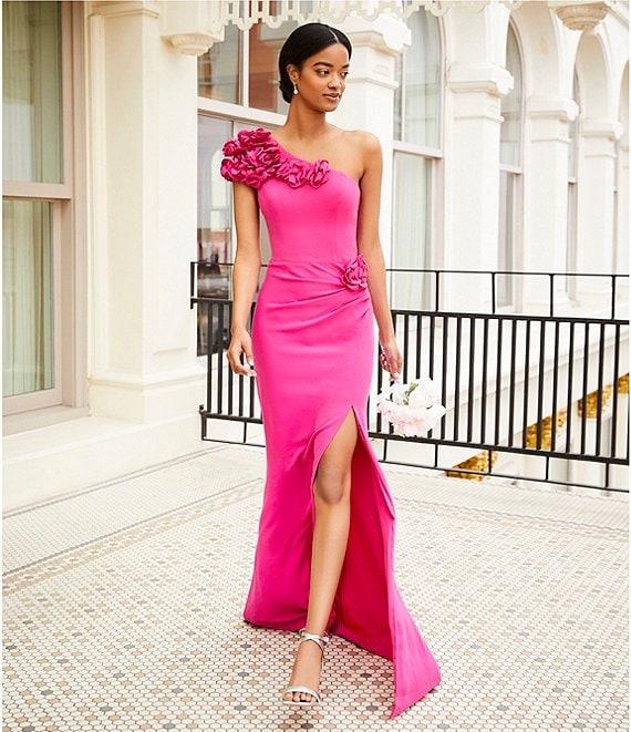 Dress the Population Aubrielle 3D Floral Asymmetrical Neck One Shoulder Short Sleeve Side Slit Gown Product Image