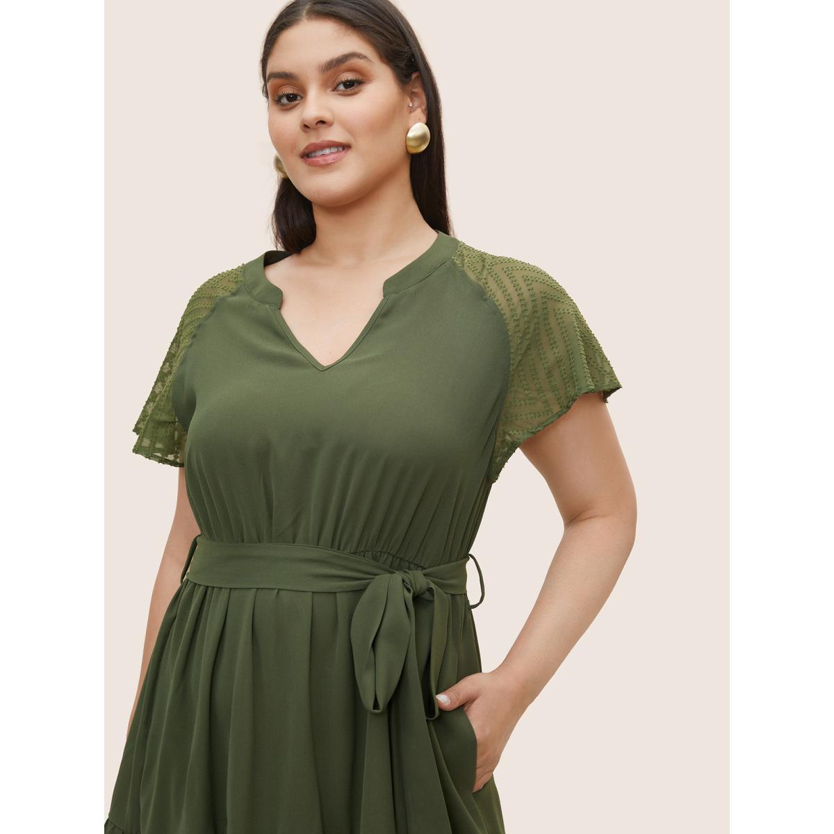 Plus Size Texture Patchwork See Through Raglan Sleeve Dress ArmyGreen Women At the Office Texture Flat collar with V-notch Short sleeve Curvy Midi Dress BloomChic 30/6X Product Image