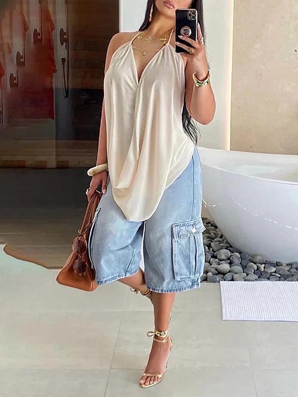 Loose Wide Leg Pockets Split-Joint Denim Half Pants Product Image