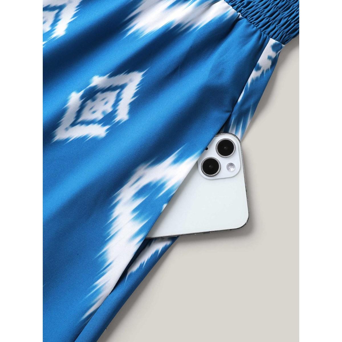 Plus Size Bandana Print Off-Shoulder Pockets Midi Dress Aegean Women Resort Shirred One-shoulder neck Elbow-length sleeve Curvy BloomChic 18-20/2X Product Image