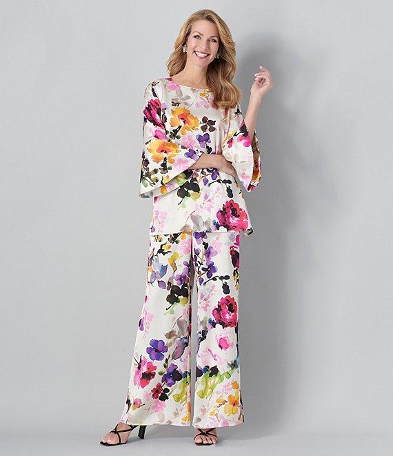 Caroline Rose Brilliant Floral Bouquet Print Satin Coordinating Wide-Leg Pull-On Pants Product Image