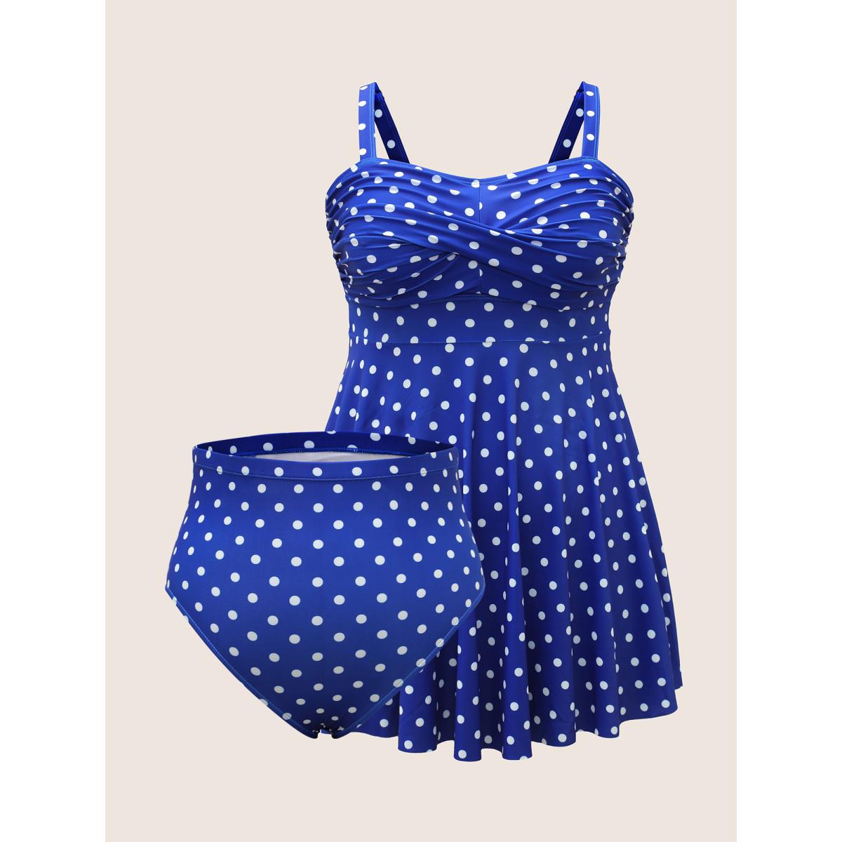 Plus Size Polka Dot Ruched Fit Flare Swim Dress Women's Swimwear Blue Beach Bodycon Strapless High stretch Curve Swim Dresses BloomChic 26/4X Product Image
