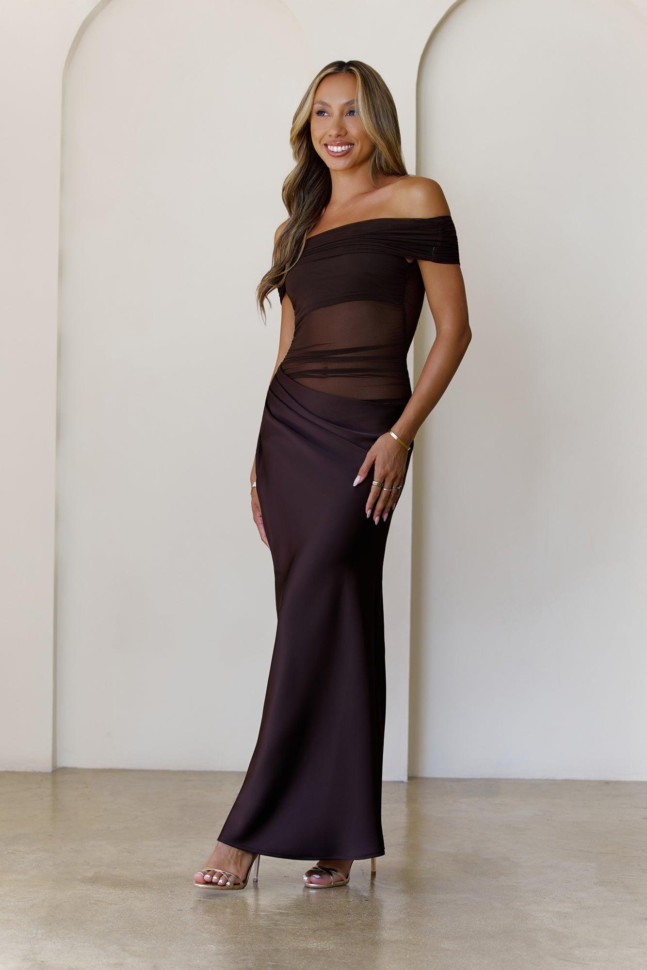 Veiled Whispers Off Shoulder Maxi Dress Brown Product Image