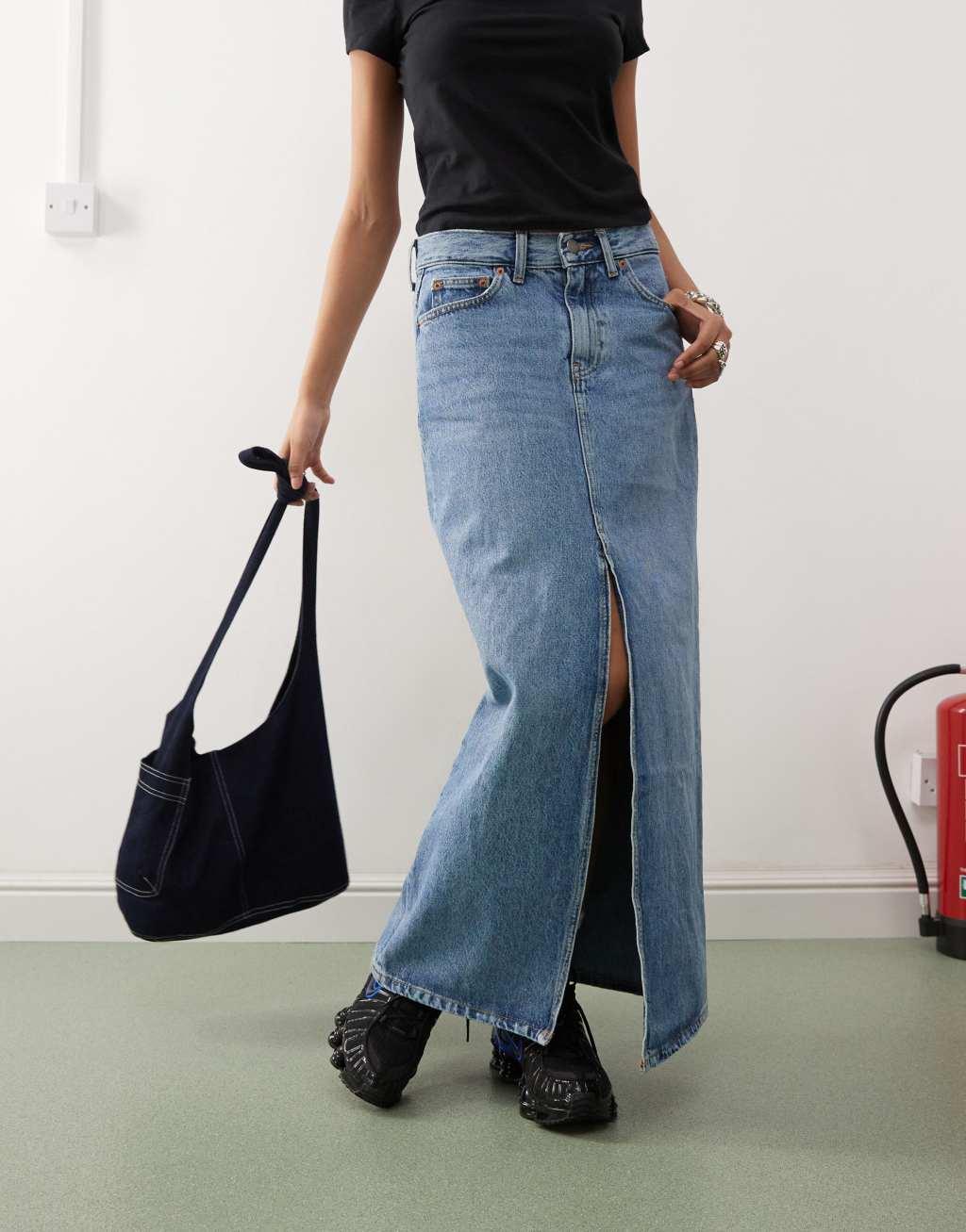 Dr Denim Myra maxi denim skirt with front slit in stream light blue retro wash Product Image