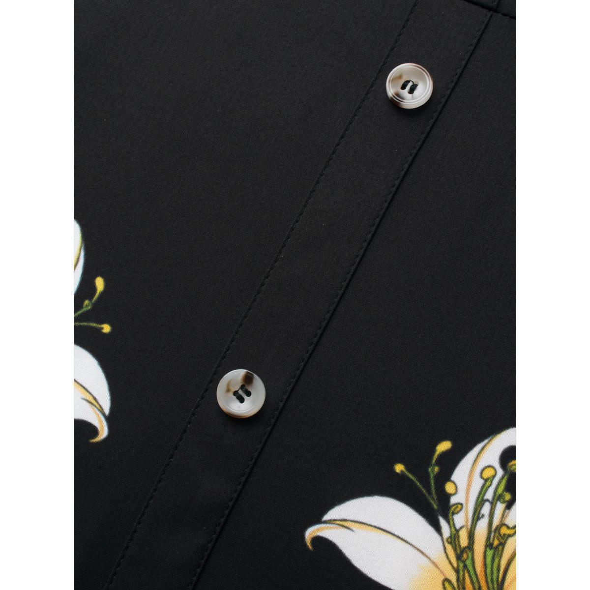 Plus Size V Neck Floral Button Detail Dress Black Women Elegant Button V-neck Long Sleeve Curvy BloomChic 18-20/2X Product Image