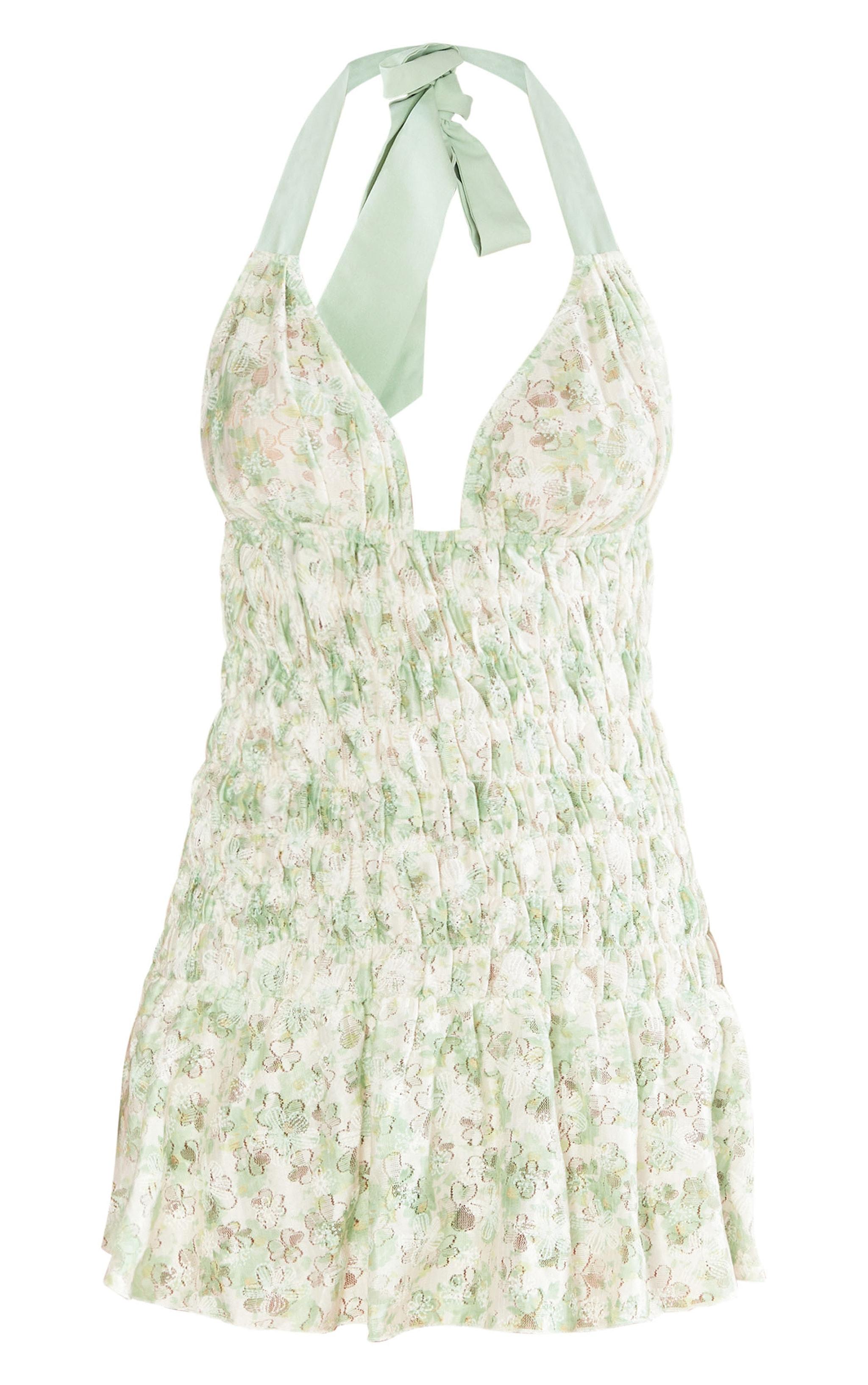 Sage Floral Textured Shirred Strappy Bodycon Dress Product Image