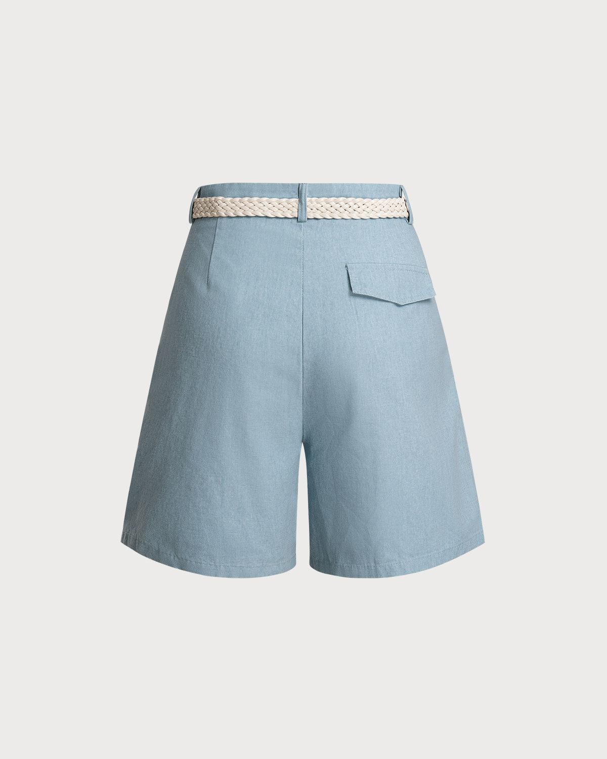 Blue Ruched Belted Shorts Product Image