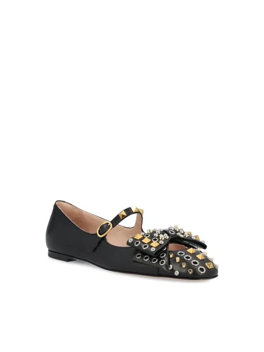 VALENTINO GARAVANI Mary-jane Bowow Ballerina In Kidskin With Studs Woman Black 35 In Multi Product Image