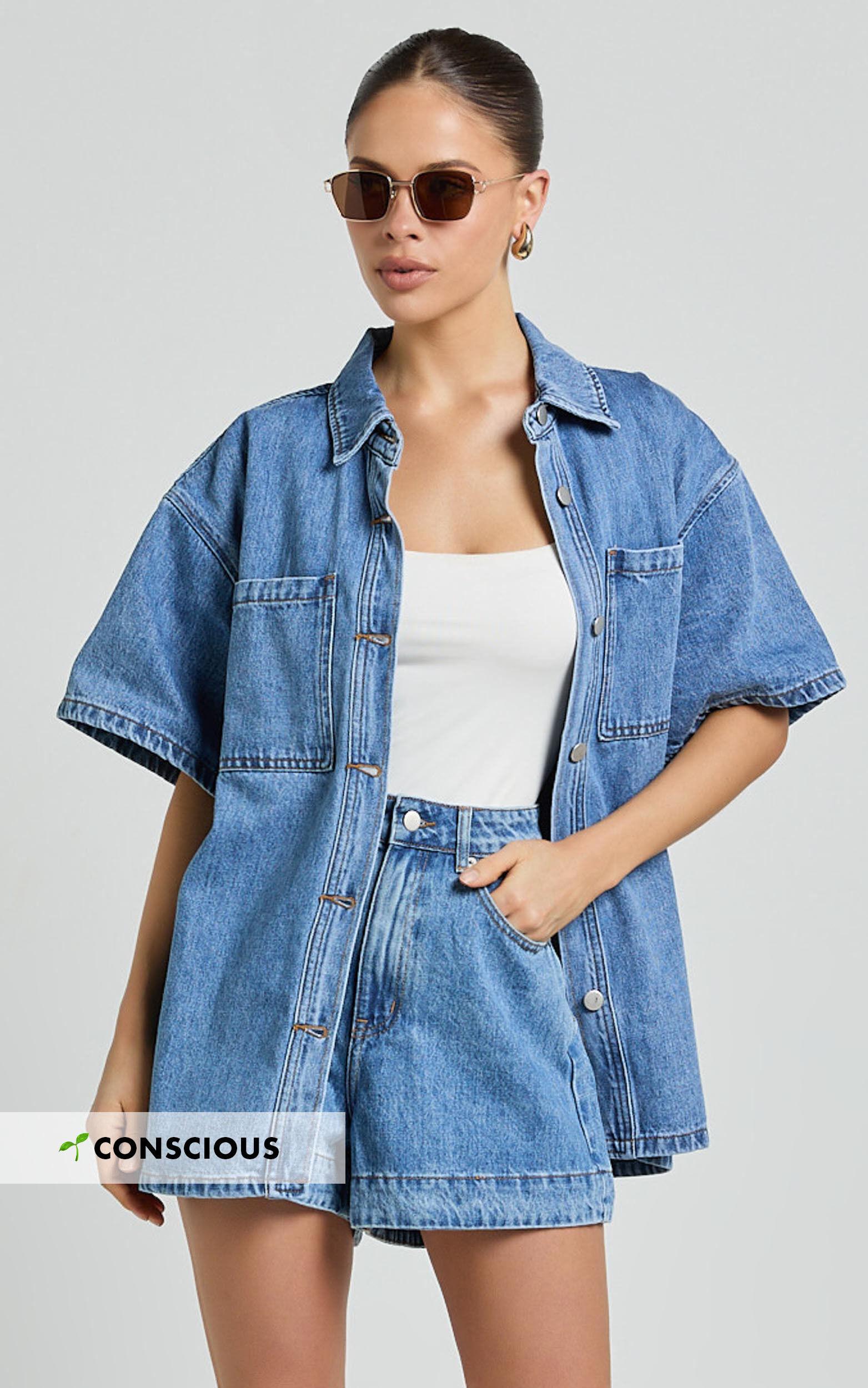 Rhianna Top - Oversized Recycled Denim Hardware Detail Short Sleeve Shirt in Mid Blue Wash Product Image