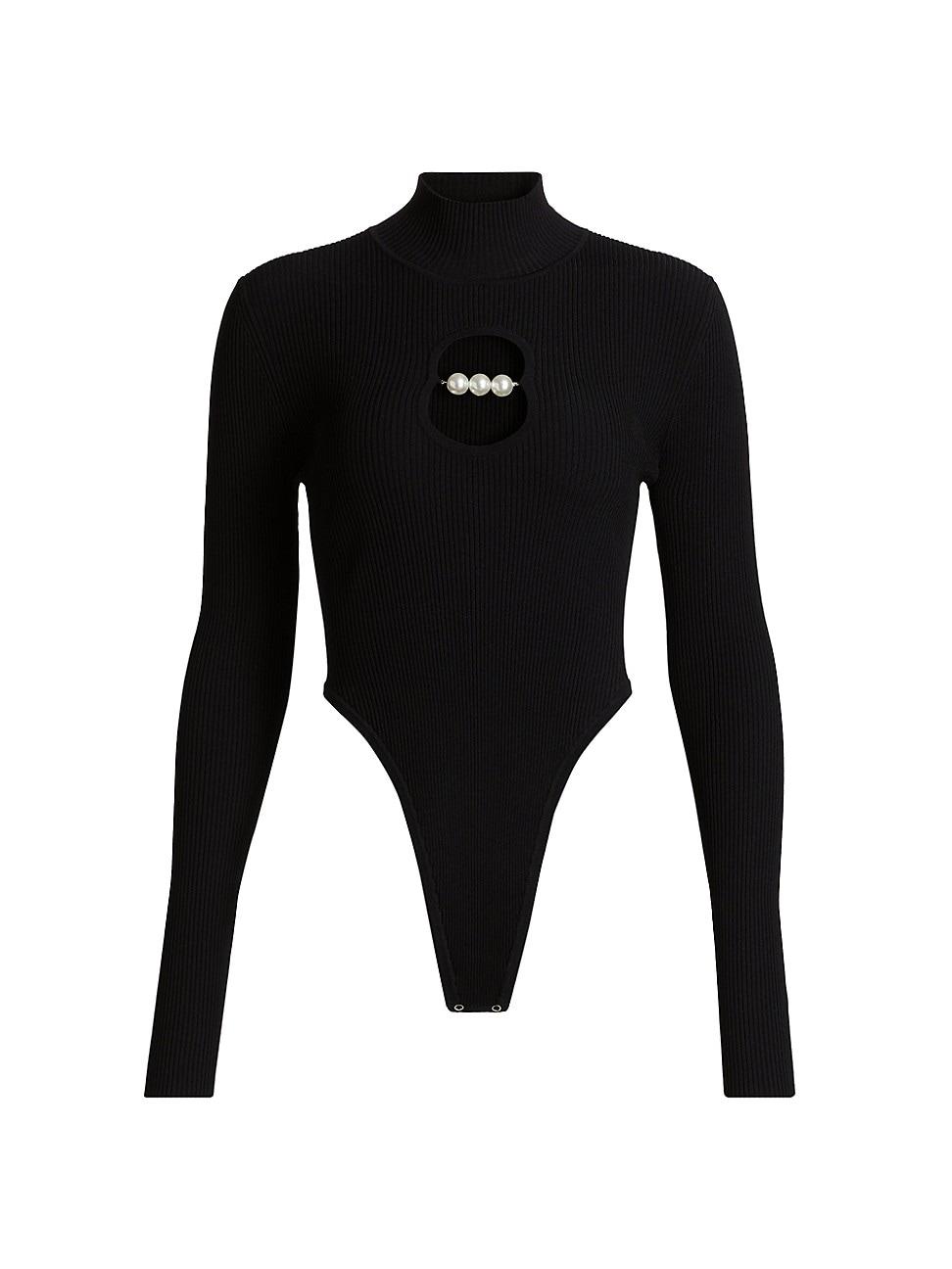 Womens Embellished Cut-Out Ribbed Bodysuit Product Image