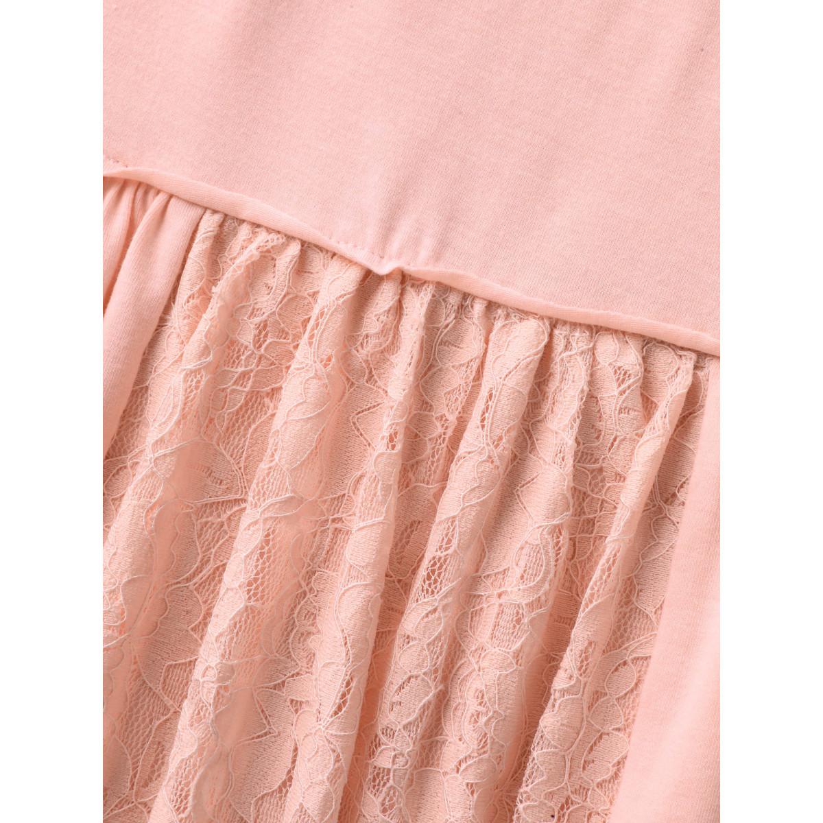 Plus Size Lace Trim Spliced Solid T-Shirt Nudepink Women Woven ribbon&lace trim Round Neck Casual T-shirts BloomChic 18-20/2X Product Image