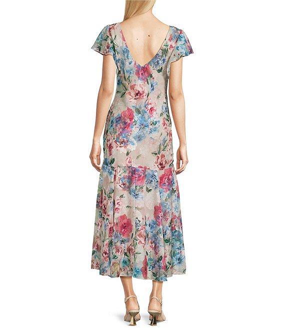 Alex Evenings Short Flutter Sleeve V-Neck Floral Drop Waist Midi Dress Product Image